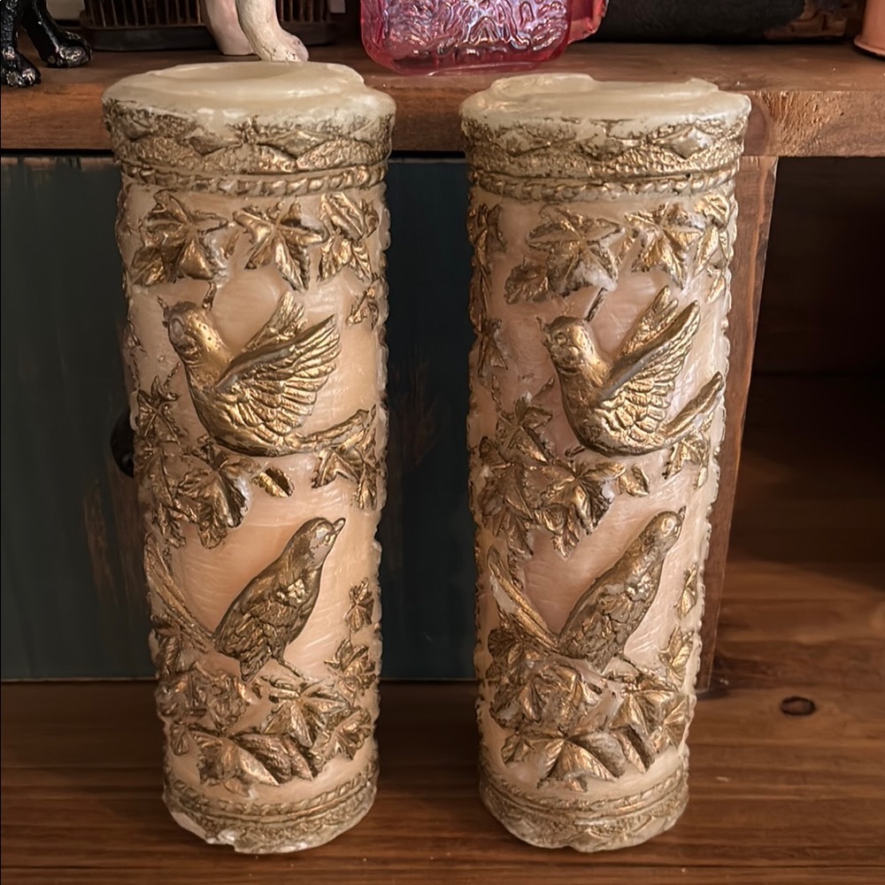 Stunning vintage pair of candles with gold bird accents